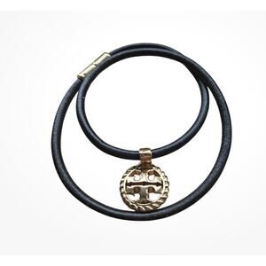 TORY BURCH 13" Black Rope Logo Wrap Bracelet - Vachetta Leather